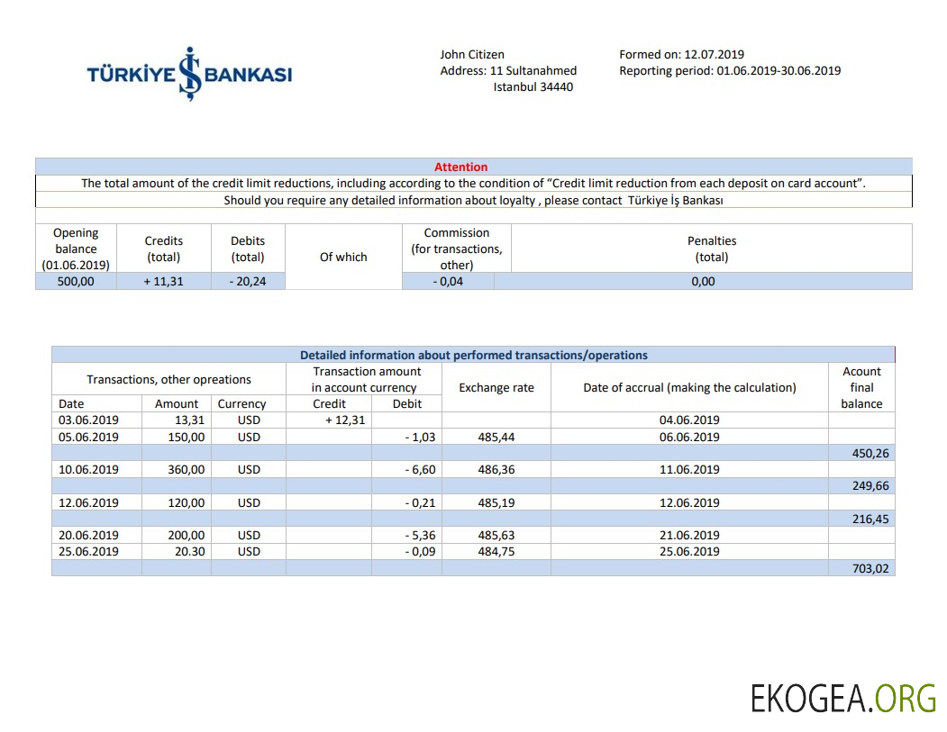 Modèle de justificatif de domicile bancaire Turkey Bankasi au format Word et PDF, entièrement modifiable